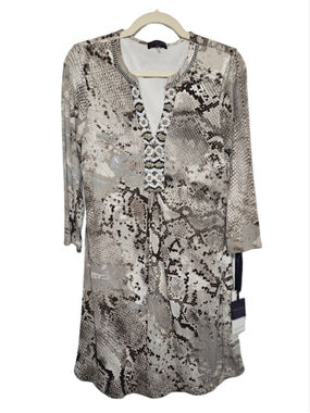 Hale Bob Dress Sheath Beaded Snake Print Grey White Tan Size Medium NWT